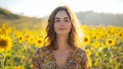 A woman standing in a sunflower field in Andalusia, Spain, Europe with vibrant yellow blooms stretching into the distance