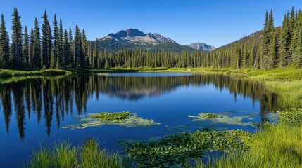 Obraz premium Serene mountain lake reflecting trees and peaks