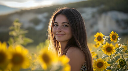 A woman standing in a sunflower field in Andalusia, Spain, Europe with vibrant yellow blooms stretching into the distance
