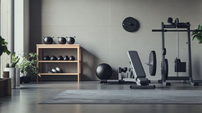 Elegant minimalist home gym with minimal decor. Featuring a clean, open design with modern lines