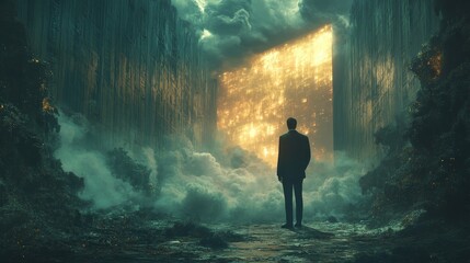 Fototapeta premium A man stands in front of a large, glowing, open doorway in a dark