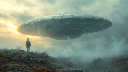 Obraz premium A man stands on a hill looking up at a large, alien-like object in the sky