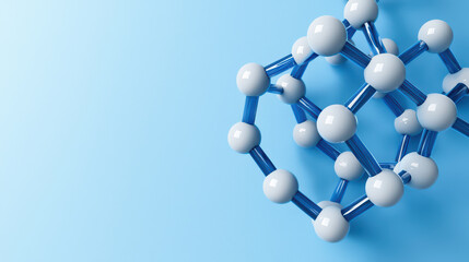 close up of 3D molecular structure with blue and white spheres, showcasing intricate connections and scientific beauty