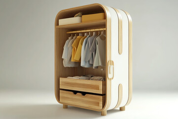 Design a childrens wardrobe organizer with a side view, perfect for storing clothes and toys together