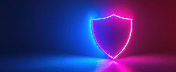 A neon shield symbol radiates in blue and pink light, set against a dark background. The design conveys a sense of protection and security in a vibrant, modern style.