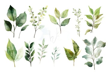 Green Leaf Collection: Artistic Watercolor and Detailed Digital Illustrations Featuring Clovers, Tropical Leaves, Falling Foliage, and Textured Dry Leaves - Perfect for Nature-Themed Designs and Decor