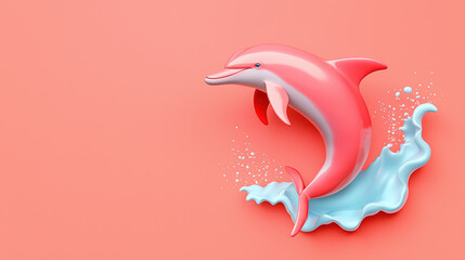 pastel dolphin gracefully leaps from wave against coral background, evoking joy and playfulness