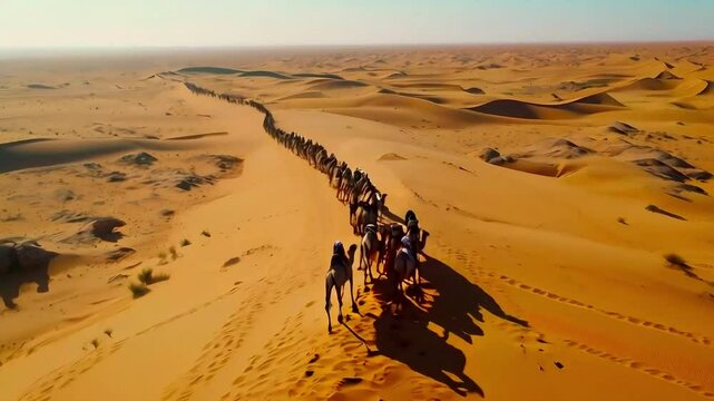 Aerial view of a caravan of camels crossing a vast, sandy desert landscape under a clear sky.