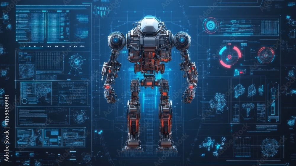 Poster futuristic robotic figure standing in a high-tech environment with interface elements showcasing dat