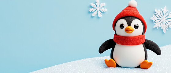 Fototapeta premium cute pastel penguin wearing red hat and scarf sits on snow, surrounded by snowflakes