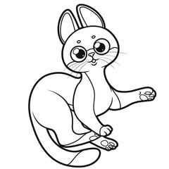 Cute cartoon playful kitten line drawing on white background