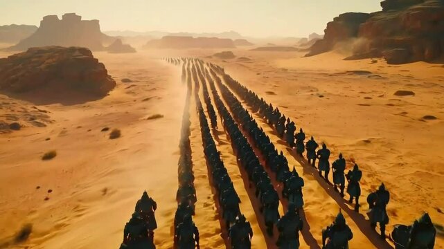 Aerial view of a large army marching across a vast desert landscape under a bright sun.