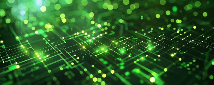 Abstract digital background of green circuit grid with glowing points and lines on a dark backdrop. The intricate design features depth and connectivity, creating a futuristic, high-tech visual ideal