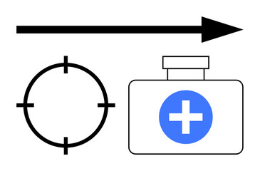 Crosshair targeting symbol and arrow pointing towards a medicine bottle with a blue cross sign. Ideal for health goals, precision medicine, medical progress, healthcare targets, treatment efficiency