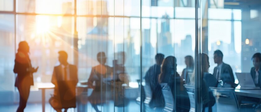 Silhouettes of professionals engaged in discussion in a glass-walled office, bathed in warm sunlight. Cityscape in the background enhances the modern, collaborative atmosphere