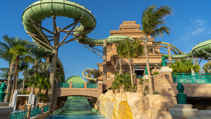 Water slides at Aquaventure Water Park. The largest water theme park in Middle East, Dubai, United Arab Emirates