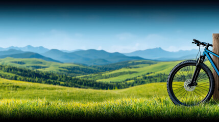 close up of bicycle resting against post in scenic landscape, surrounded by lush green hills and mountains