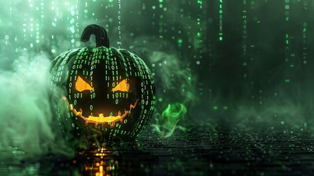 A glowing jack-o'-lantern with a menacing grin, covered in binary code, emerges from misty, green-hued surroundings. A perfect blend of Halloween and digital themes - Powered by Adobe