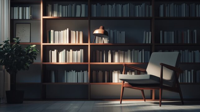 Elegant minimalist home library with minimal decor. Featuring clean lines and a sophisticated layout