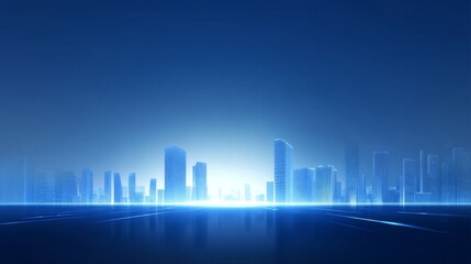 Obraz premium A digital rendering of a futuristic cityscape with tall buildings and a glowing blue horizon, symbolizing technological advancement and urban development.