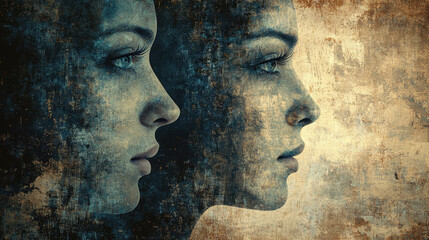 Dissociative identity disorder (DID), Dissociative Identity Disorder (DID) themed grunge illustration, visually capturing the complexity of mental health in a unique artistic style.