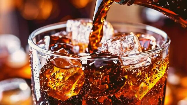 Close-up of cola pouring into a glass with ice cubes.