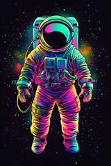 A vibrant, neon-colored astronaut floating in a colorful cosmic background.