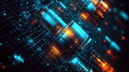 Futuristic satellite cluster glowing.