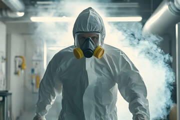 Person in hazmat suit performing industrial decontamination