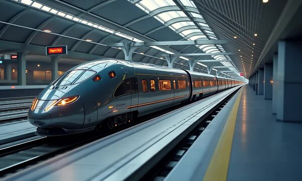Modern High-Speed Train Station: Capture the Essence of Advanced Transportation Technology in a Sleek, Silver Bullet Train