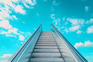 Airplane stairs in metallic finish, rising towards a vivid blue sky, symbolizing new adventures.
