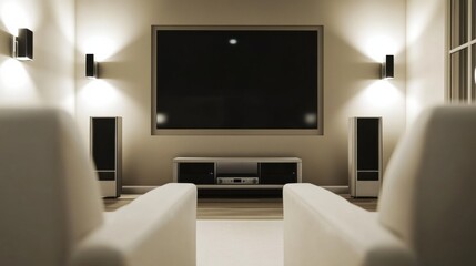Elegant minimalist home theater with minimal decor. Featuring a clean, open design with modern lines