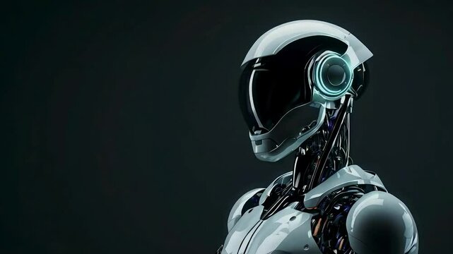 Futuristic robot profile, sleek design, white and black, dark background.