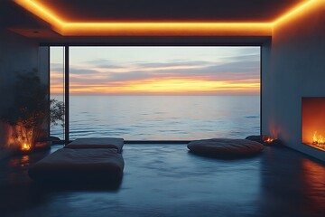 Fototapeta premium Sunset ocean view from minimalist room.