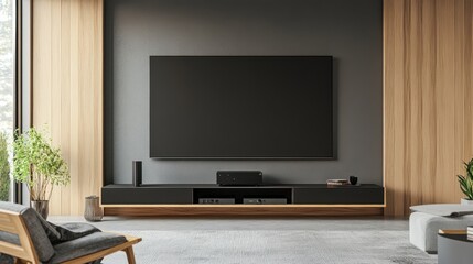 Elegant minimalist home theater with minimal decor. Featuring clean lines and a sophisticated setup
