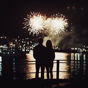 A couple stands close together, silhouetted against a dazzling fireworks display, casting a warm glow over the harbor, capturing a timeless romantic evening.