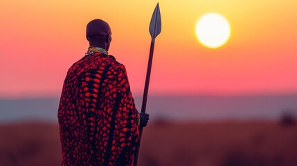 Maasai warrior with spear at sunset.