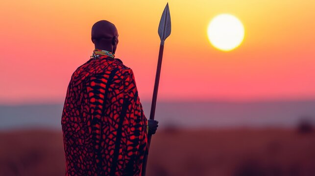 Maasai warrior with spear at sunset.