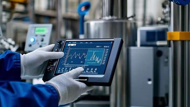 Gloved hands holding tablet, monitoring production process in pharmaceutical factory, checking data charts on screen, ensuring quality control and efficient manufacturing