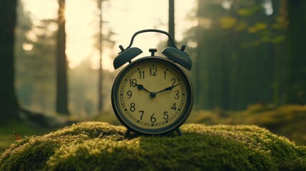 An antique clock rests on a bed of vibrant moss amidst a sunlit forest, encapsulating a moment of peaceful solitude and timeless elegance in nature.