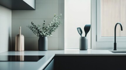 Elegant minimalist kitchen space with minimal decor. Featuring a clean, open design with sleek lines