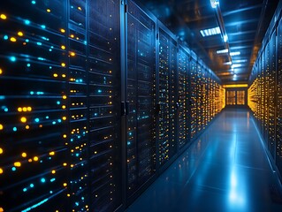 Illuminated server room aisle with racks.