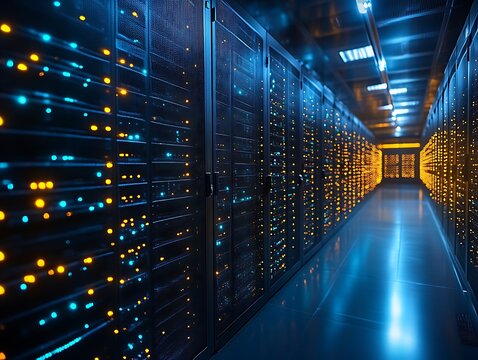 Illuminated server room aisle with racks.