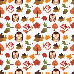 Autumn seamless pattern with different autumn illustrations and elements including acorn, oak tree, hedgehog and more . . 