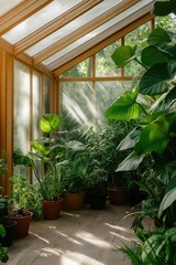 A greenhouse filled with plants and potted plants. The plants are green and healthy, and the sunlight is shining through the glass roof, creating a warm and inviting atmosphere