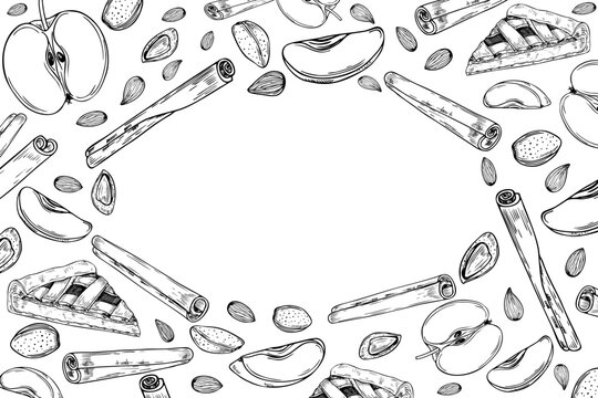 Almond, apple slice, cinnamon sticks and fruit pie slice horizontal frame with empty space. Aromatic seasoning with fresh fruits, nuts monochrome illustration hand painted by black inks for greetings