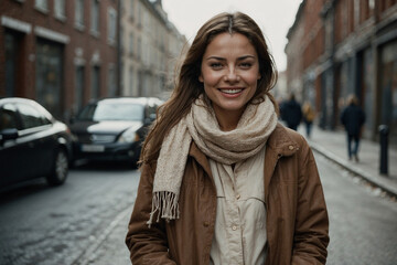 Happy woman walking in the city, smiling. Natural portrait with city background. Suitable for advertising, blogs and fashion projects. Lively facial expression and casual style