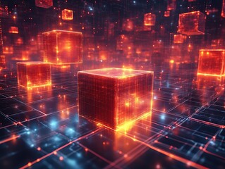 Glowing orange cubes float over a digital network.