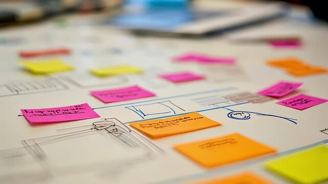 A closeup of a teams brainstorming session surrounded by sticky notes and diagrams on a whiteboard indicating a collaborative approach to process improvements.