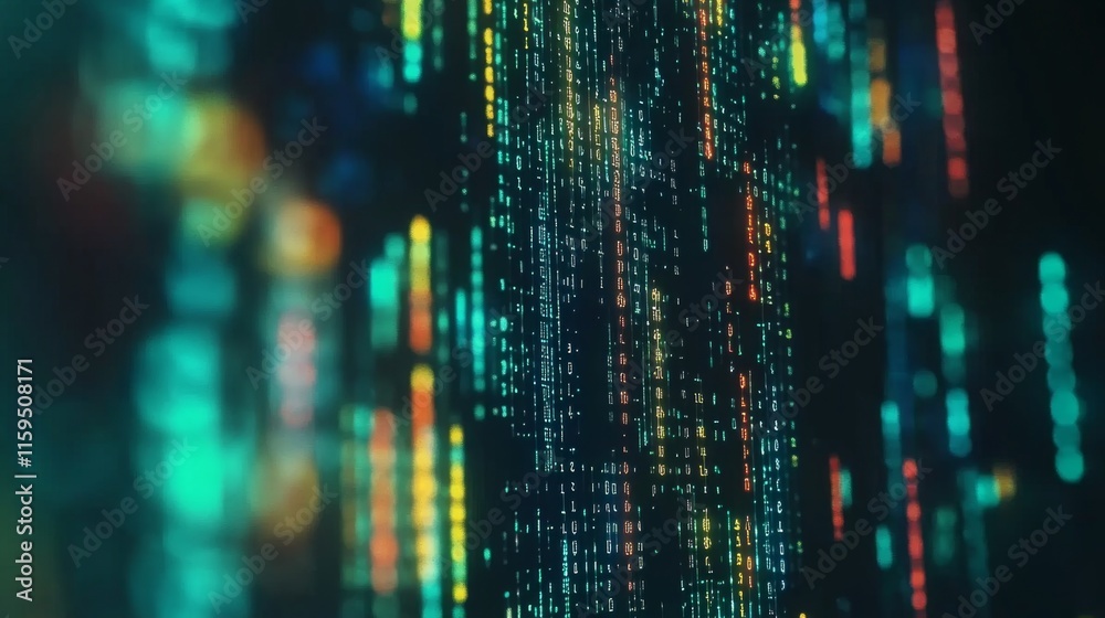 Leinwandbilder Abstract data visualization with colorful glowing lines and blurred background representing digital information flow and technology in a modern setting